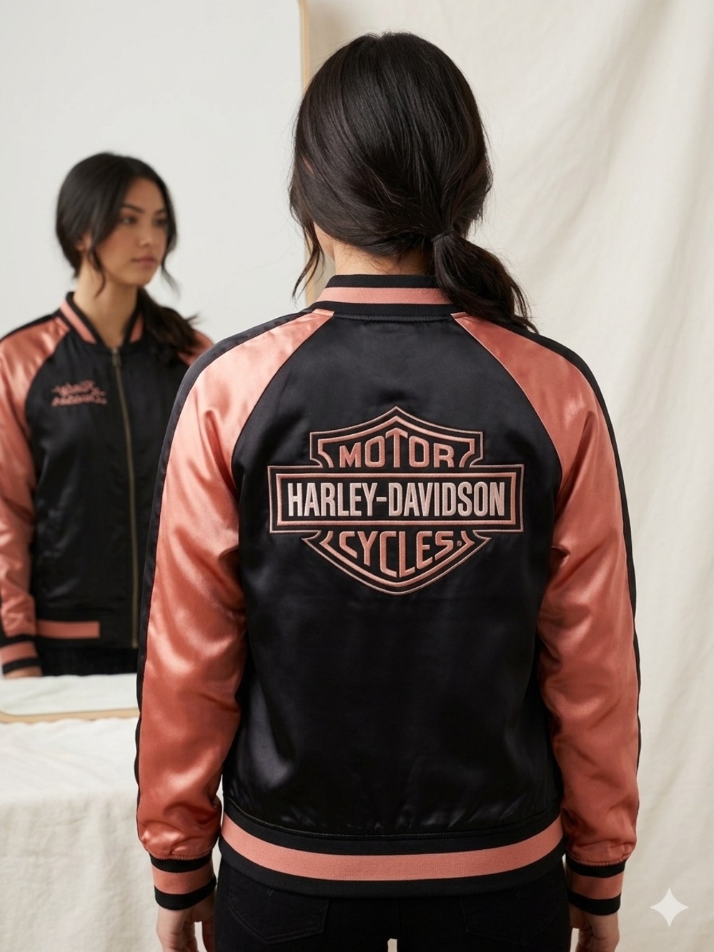 Harley-Davidson Women's Black & Pink Satin Bomber Jacket Embroidered Logo Size L